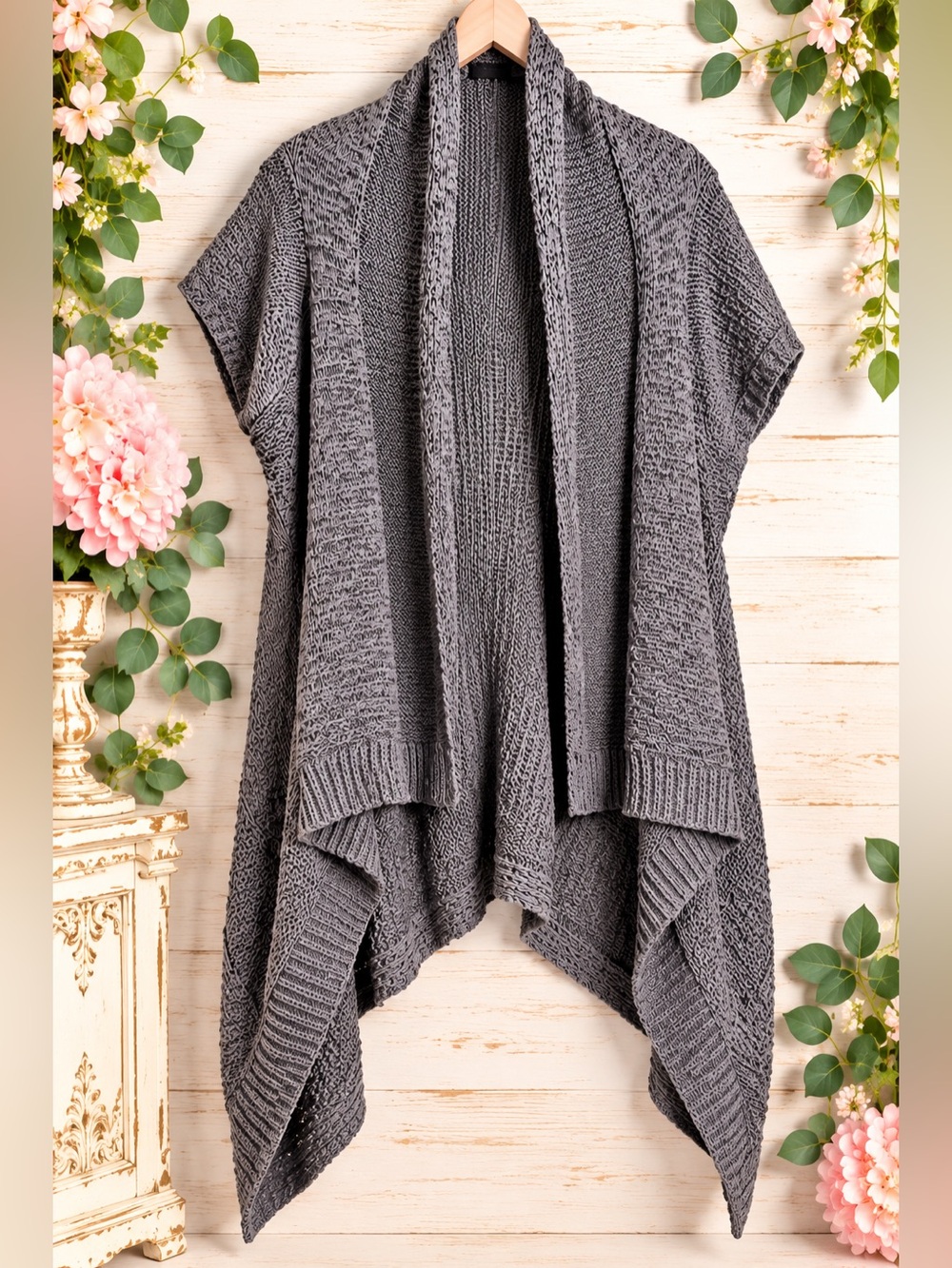 Elena Solano Woman Knit Cardigan Gray Waterfall Asymmetrical M/L